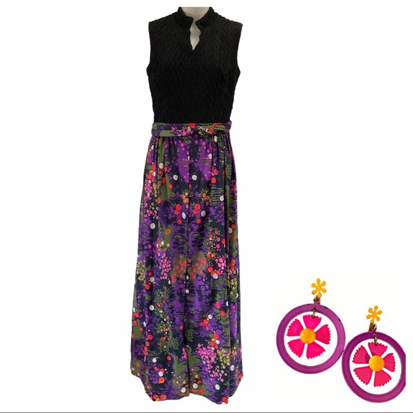 Authentic Original Vintage Style Dresses & Skirts - 60s Psychedelic Maxi Dress, Size Small